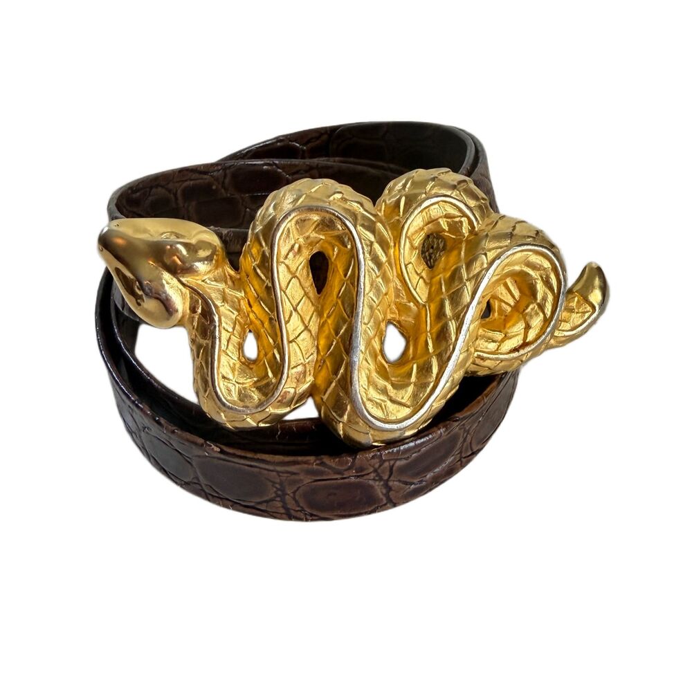 Striking Gold SNAKE Buckle Brown Leather Belt S/M Alligator Crocodile Texture